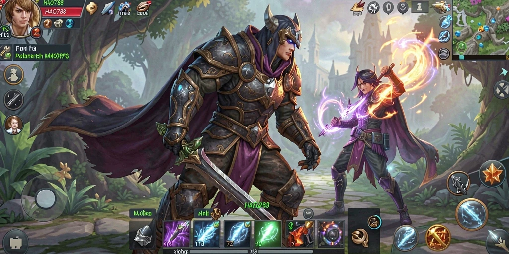Tangkapan layar gameplay HAO788 yang menunjukkan aksi pertarungan epik di dunia MMORPG.