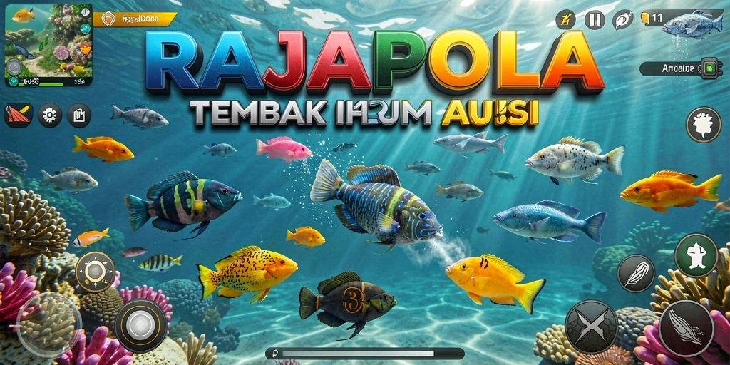 Tampilan gameplay seru dalam RAJAPOLA dengan berbagai ikan untuk ditangkap.