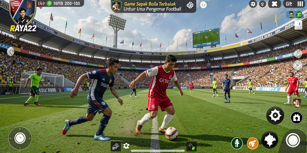 Tangkapan layar utama RAYA22 menunjukkan aksi seru permainan sepak bola.