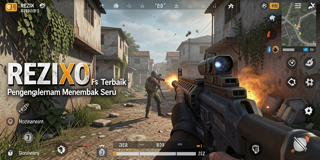 Screenshot menunjukkan aksi tembak-menembak yang seru dalam REZIXO.