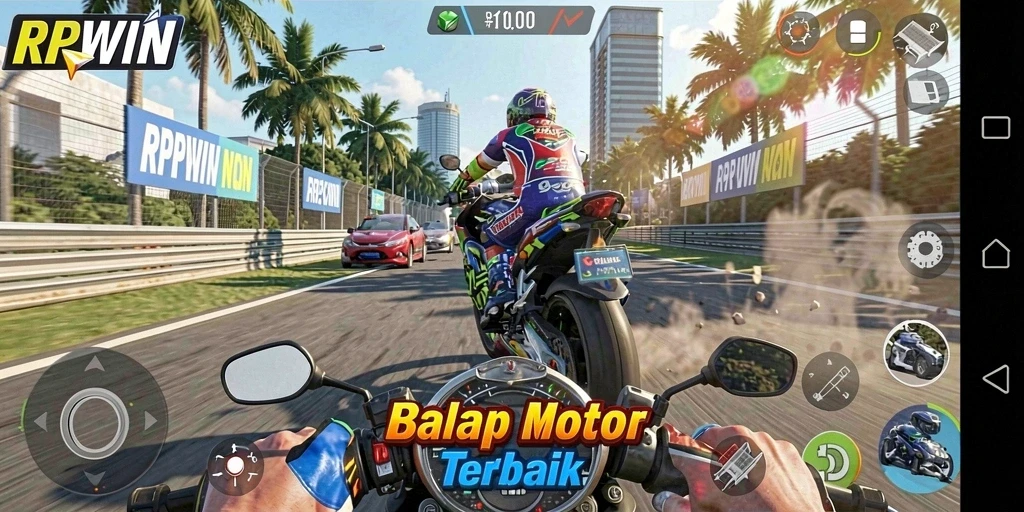 Tangkapan layar gameplay menampilkan balapan seru dengan motor cepat.
