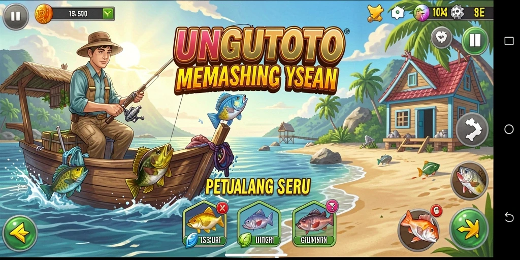 Tampilan gameplay seru di UNGUTOTO saat memancing ikan besar.